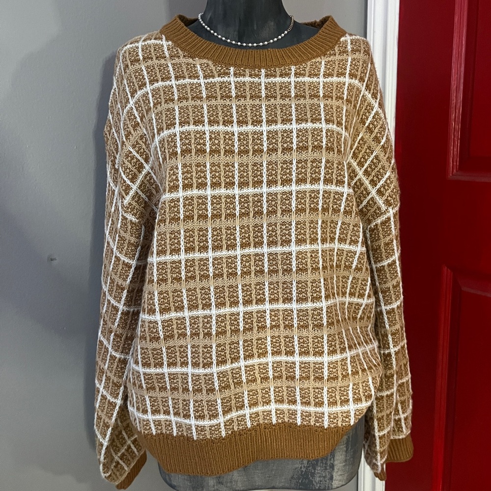 Plaid Brown and White Women's Sweater
